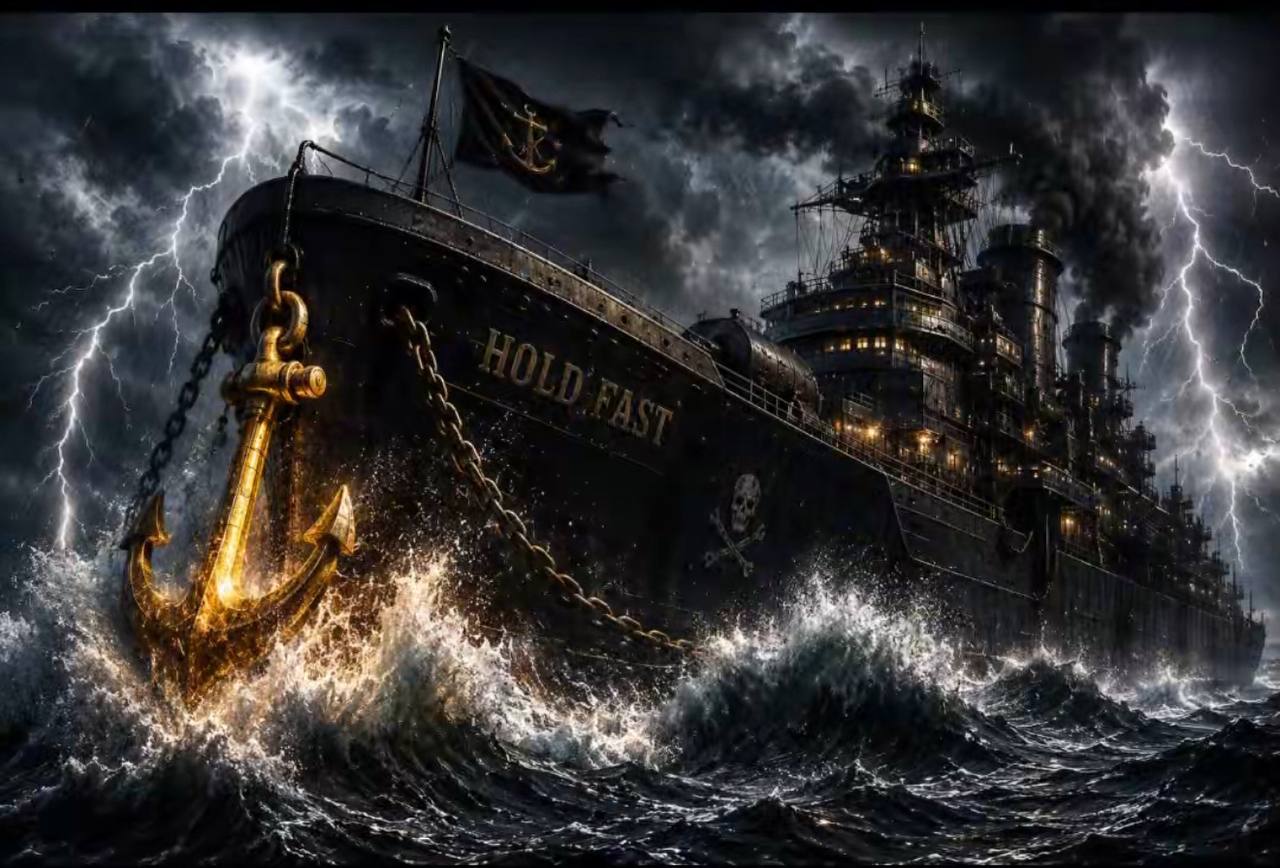 USS HOLDFAST battleship weathering a lightning storm at sea