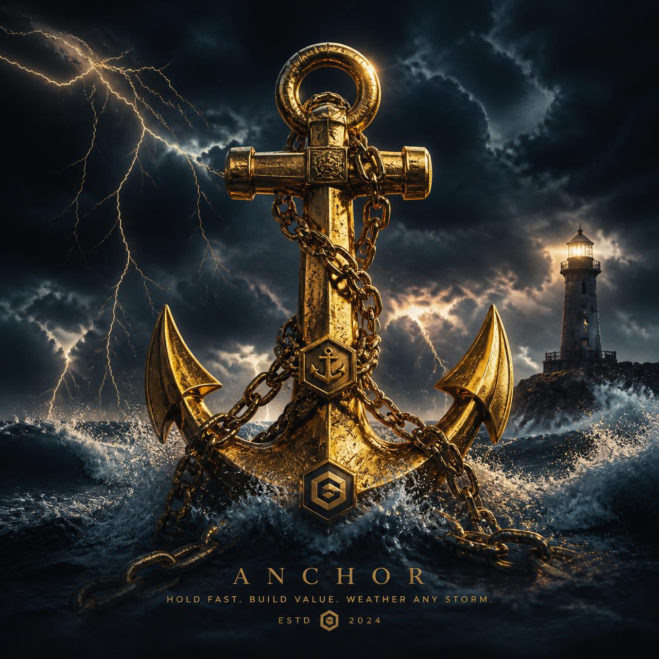 Golden anchor chained in stormy seas — USS HOLDFAST